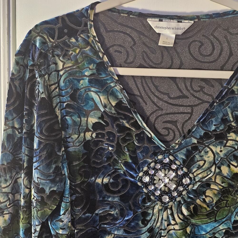 Women's Burnout Velvet Blue Whimsical Top Sz L 90s Y2K Whimsygoth Witchy Boho